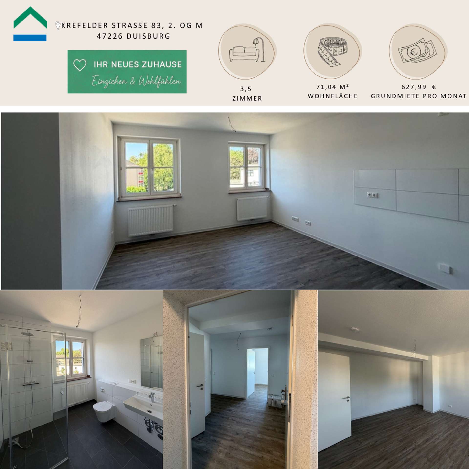 Erstbezug nach Sanierung: 3,5 Zimmer mit flexiblem Raumkonzept – Wohnung 10, 47226 Duisburg, Etagenwohnung